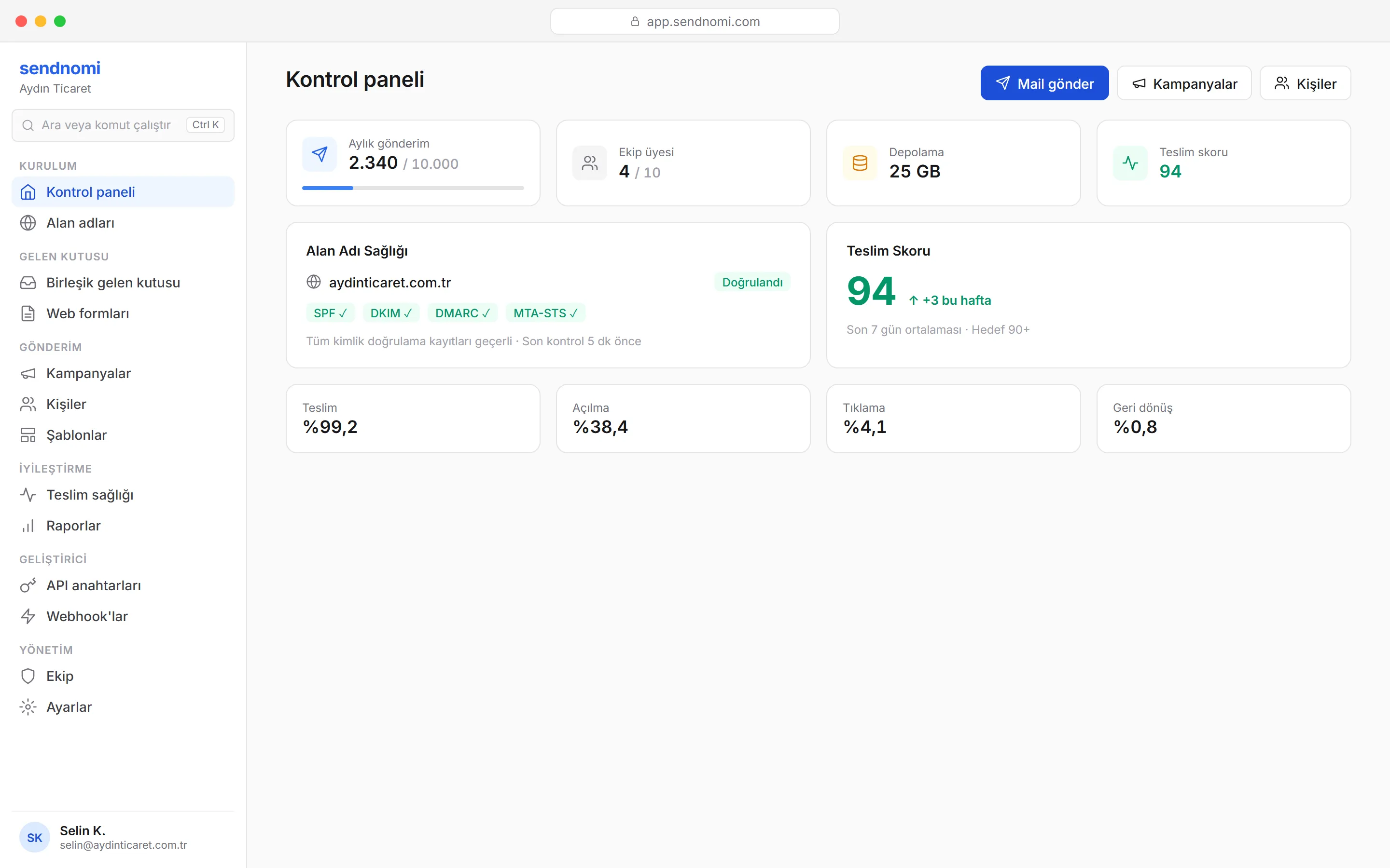 SendNomi paneli — aylık gönderim, ekip, depolama ve teslim skoru tek bakışta
