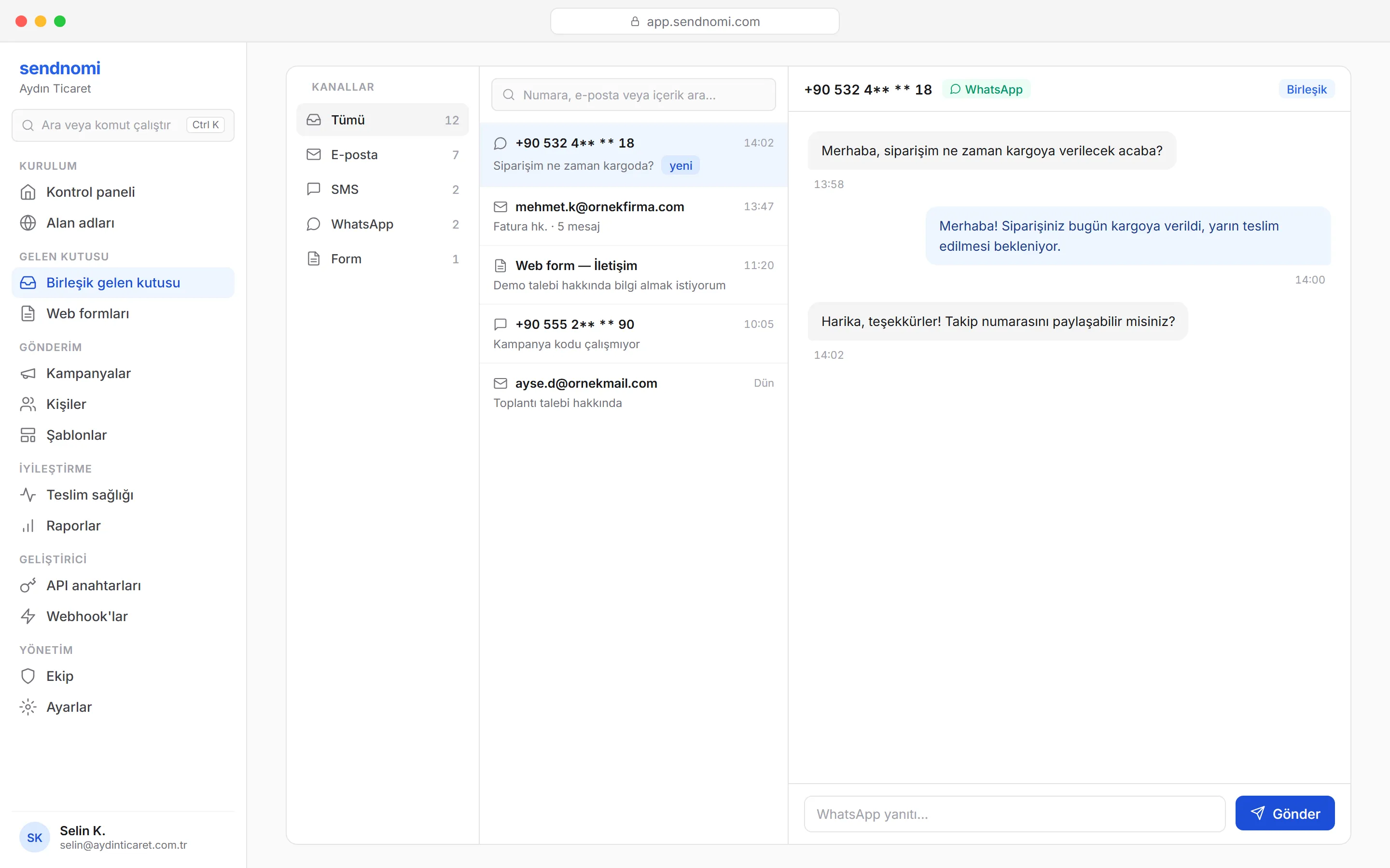 SendNomi unified inbox — email, SMS, WhatsApp and web forms in one panel